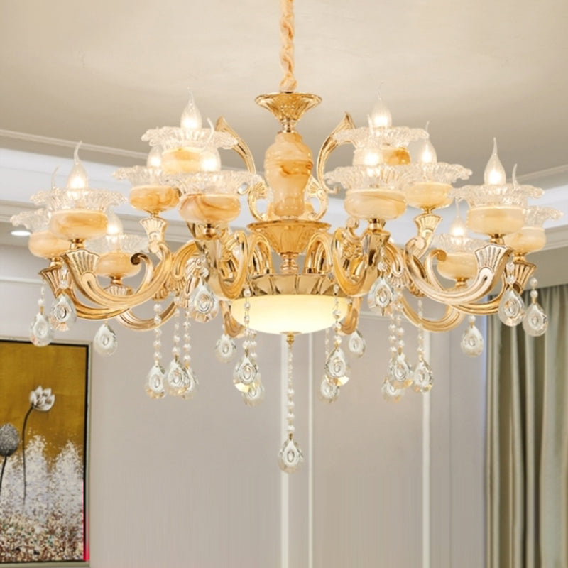 Retro Gold Floral Chandelier With Crystal Pendant Light Fixture - Elegant Glass Design For Living