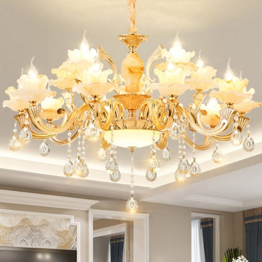 Retro Gold Floral Chandelier With Crystal Pendant Light Fixture - Elegant Glass Design For Living