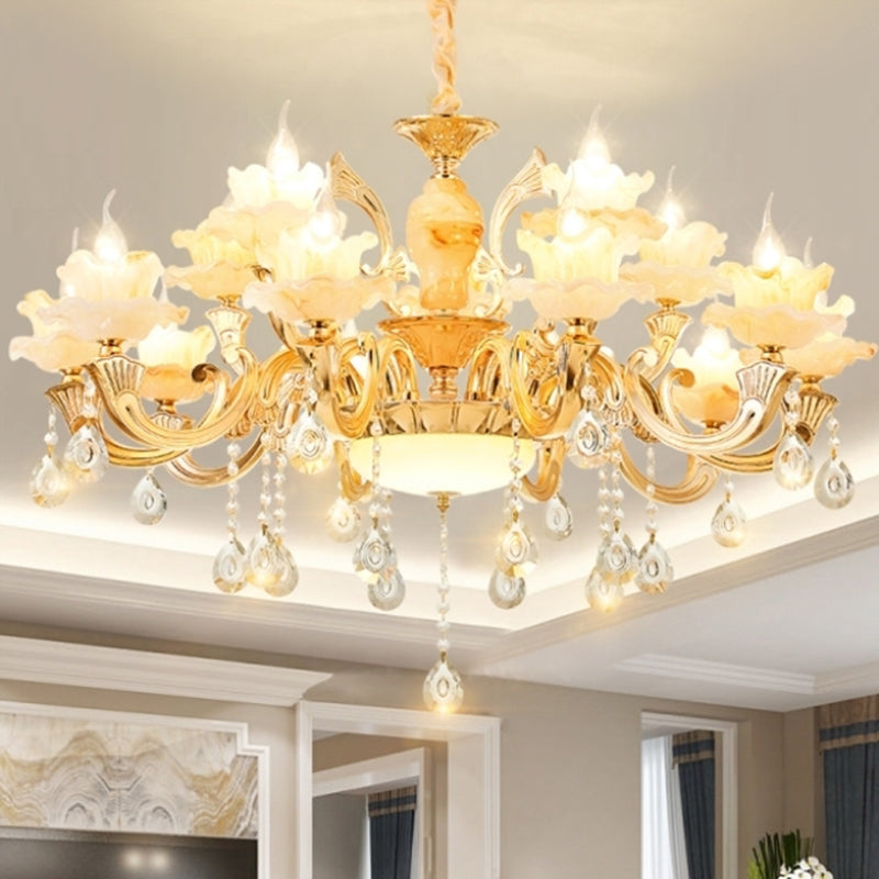 Retro Gold Floral Chandelier With Crystal Pendant Light Fixture - Elegant Glass Design For Living