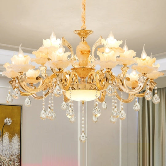 Retro Gold Floral Chandelier With Crystal Pendant Light Fixture - Elegant Glass Design For Living