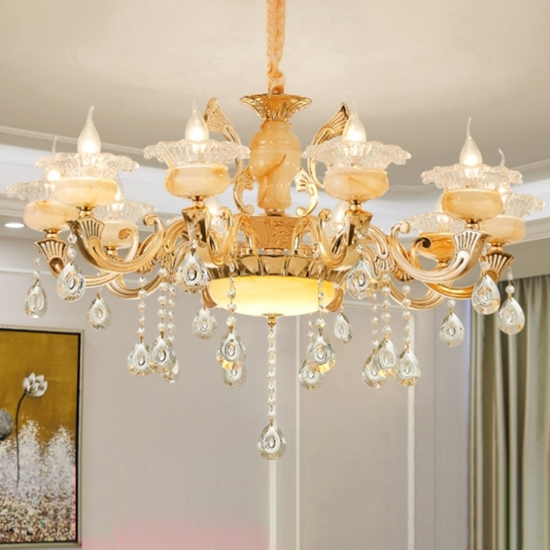 Retro Gold Floral Chandelier With Crystal Pendant Light Fixture - Elegant Glass Design For Living