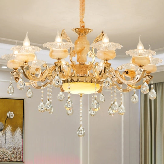 Retro Gold Floral Chandelier With Crystal Pendant Light Fixture - Elegant Glass Design For Living