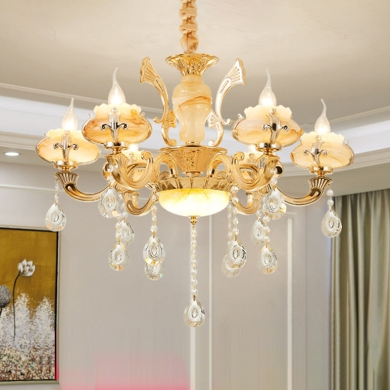 Retro Gold Floral Chandelier With Crystal Pendant Light Fixture - Elegant Glass Design For Living