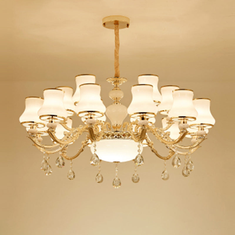 White Glass Pendant Chandelier With Crystal Draping For Living Room - Classic Bud Lighting