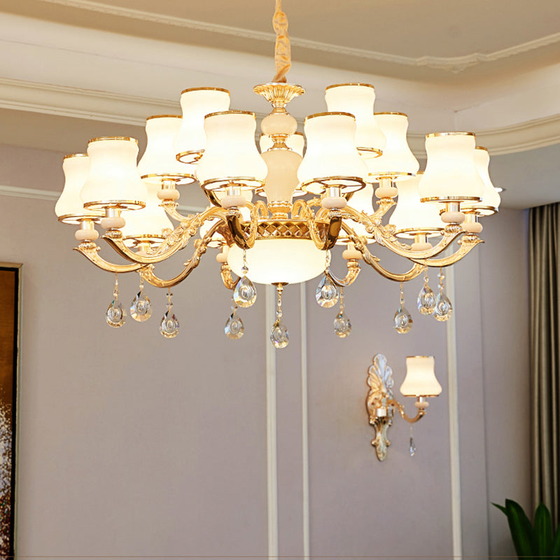 White Glass Pendant Chandelier With Crystal Draping For Living Room - Classic Bud Lighting