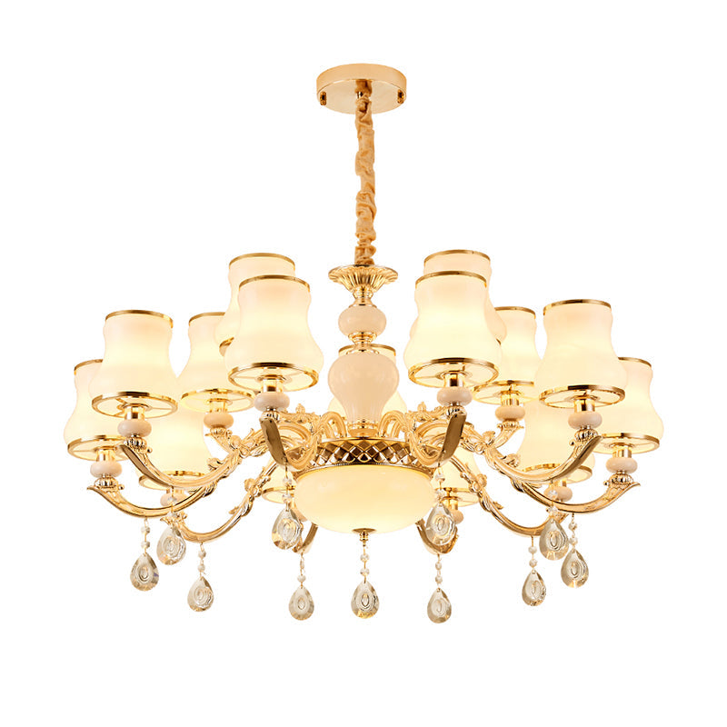 White Glass Pendant Chandelier With Crystal Draping For Living Room - Classic Bud Lighting