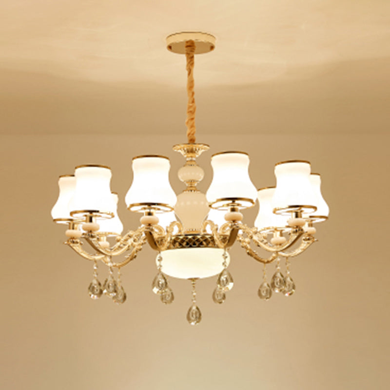 White Glass Pendant Chandelier With Crystal Draping For Living Room - Classic Bud Lighting