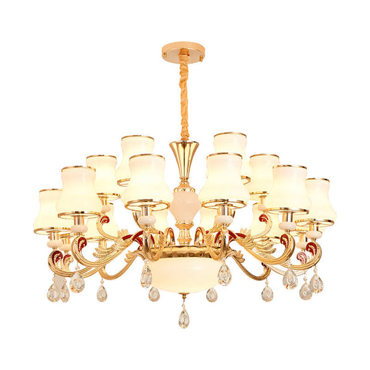 Traditional Living Room Chandelier With Crystal Draping - White Glass Bud Ceiling Lighting