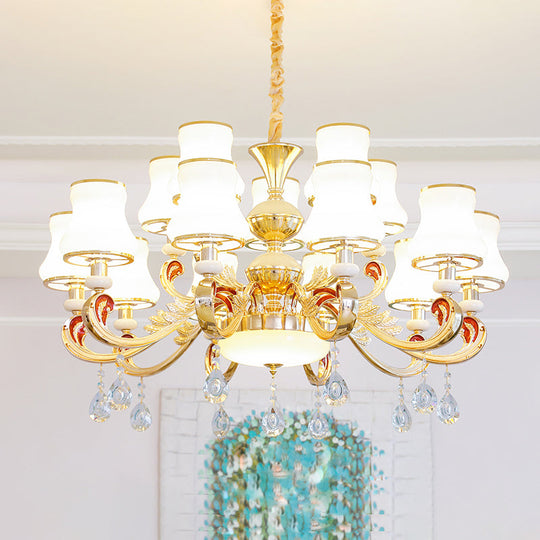 Traditional Living Room Chandelier With Crystal Draping - White Glass Bud Ceiling Lighting