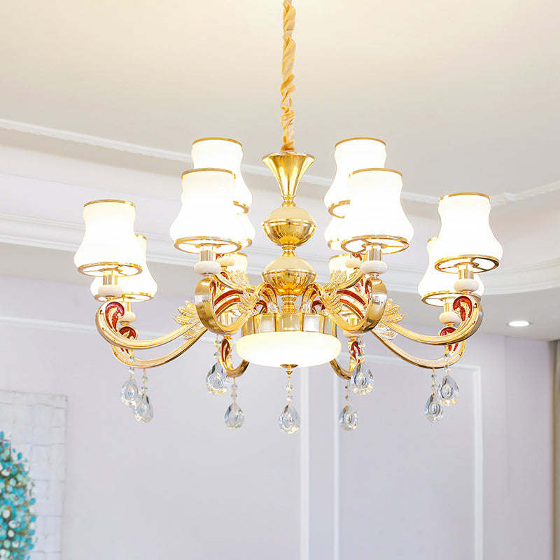 Traditional Living Room Chandelier With Crystal Draping - White Glass Bud Ceiling Lighting