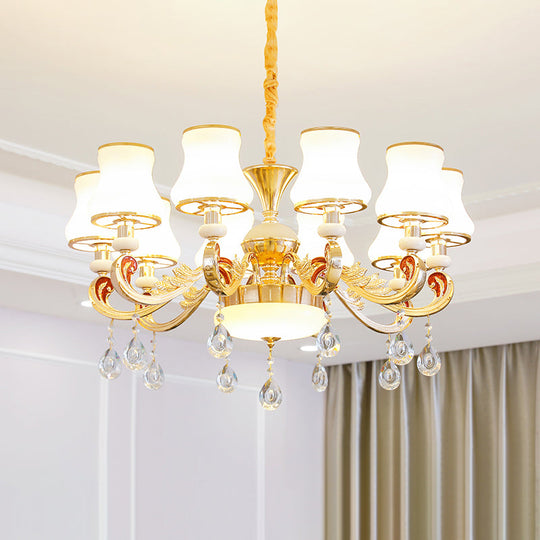 Traditional Living Room Chandelier With Crystal Draping - White Glass Bud Ceiling Lighting