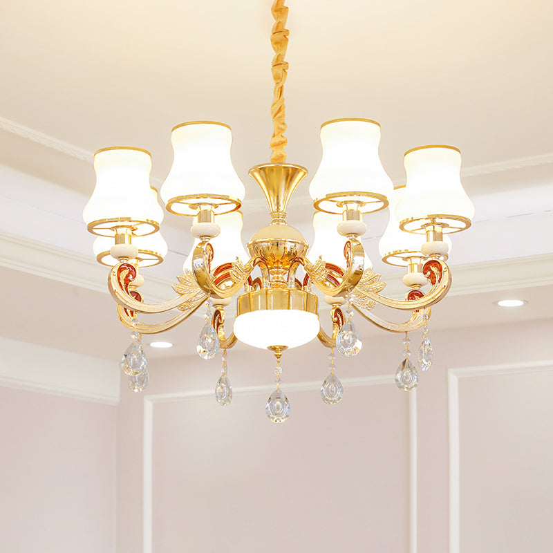 Traditional Living Room Chandelier With Crystal Draping - White Glass Bud Ceiling Lighting