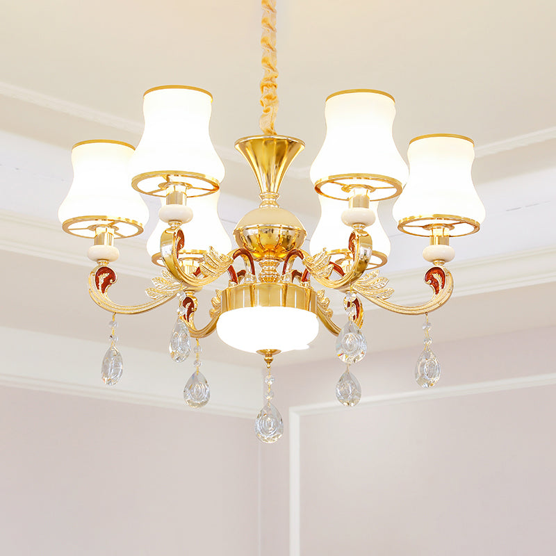 Traditional Living Room Chandelier With Crystal Draping - White Glass Bud Ceiling Lighting