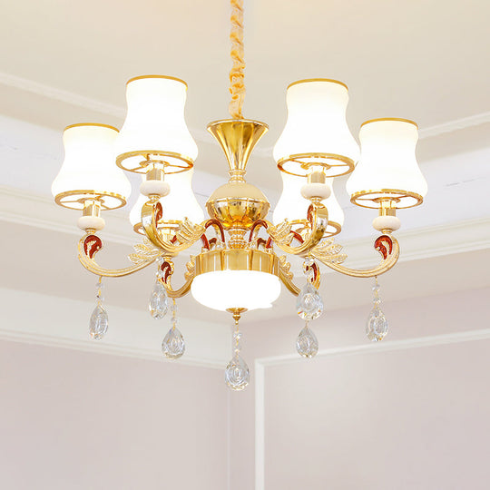 Traditional Living Room Chandelier With Crystal Draping - White Glass Bud Ceiling Lighting