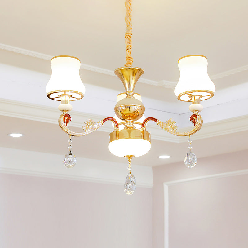 Traditional Living Room Chandelier With Crystal Draping - White Glass Bud Ceiling Lighting