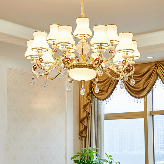 Traditional Living Room Chandelier With Crystal Draping - White Glass Bud Ceiling Lighting