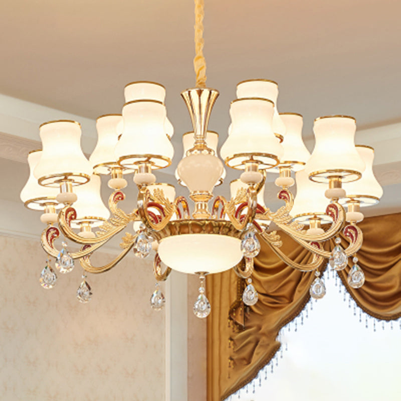 Traditional Living Room Chandelier With Crystal Draping - White Glass Bud Ceiling Lighting