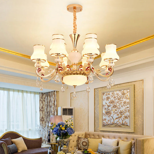 Traditional Living Room Chandelier With Crystal Draping - White Glass Bud Ceiling Lighting