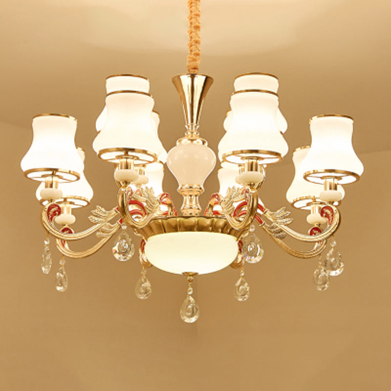 Traditional Living Room Chandelier With Crystal Draping - White Glass Bud Ceiling Lighting