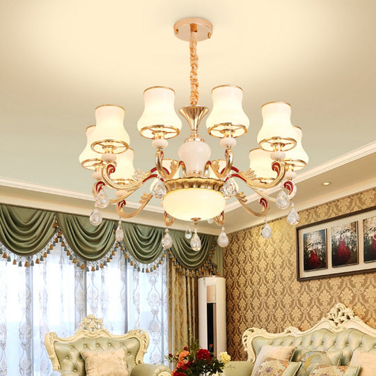 Traditional Living Room Chandelier With Crystal Draping - White Glass Bud Ceiling Lighting