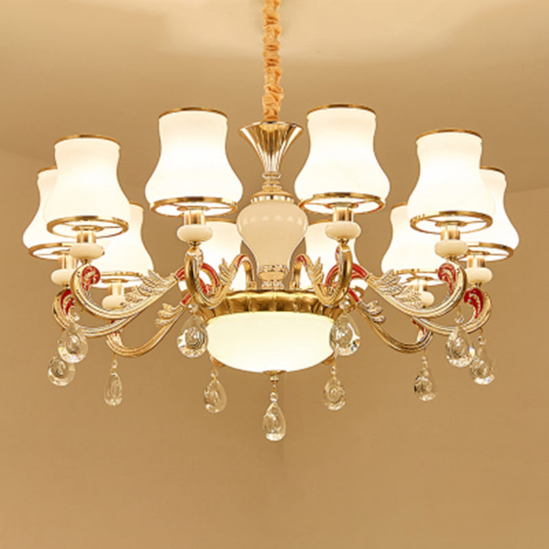 Traditional Living Room Chandelier With Crystal Draping - White Glass Bud Ceiling Lighting