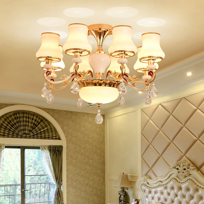 Traditional Living Room Chandelier With Crystal Draping - White Glass Bud Ceiling Lighting