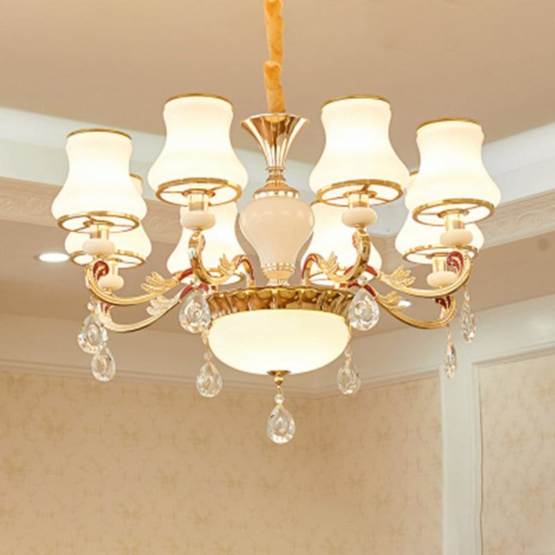 Traditional Living Room Chandelier With Crystal Draping - White Glass Bud Ceiling Lighting