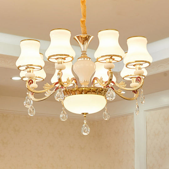 Traditional Living Room Chandelier With Crystal Draping - White Glass Bud Ceiling Lighting