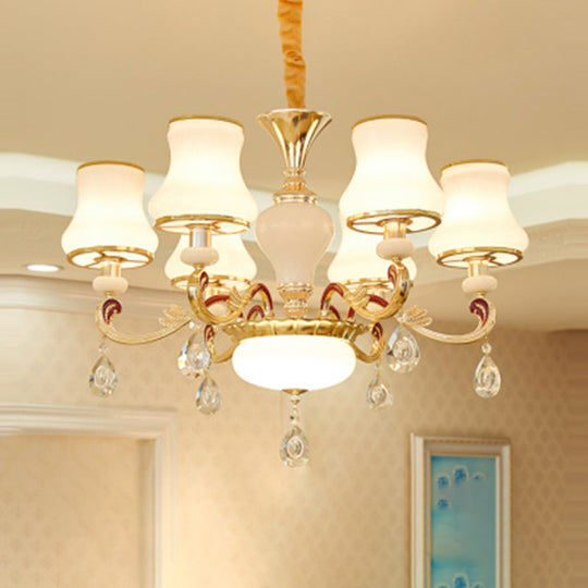 Traditional Living Room Chandelier With Crystal Draping - White Glass Bud Ceiling Lighting