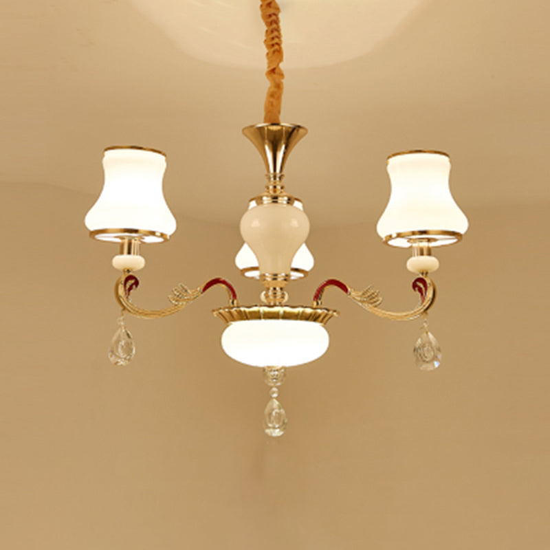 Traditional Living Room Chandelier With Crystal Draping - White Glass Bud Ceiling Lighting