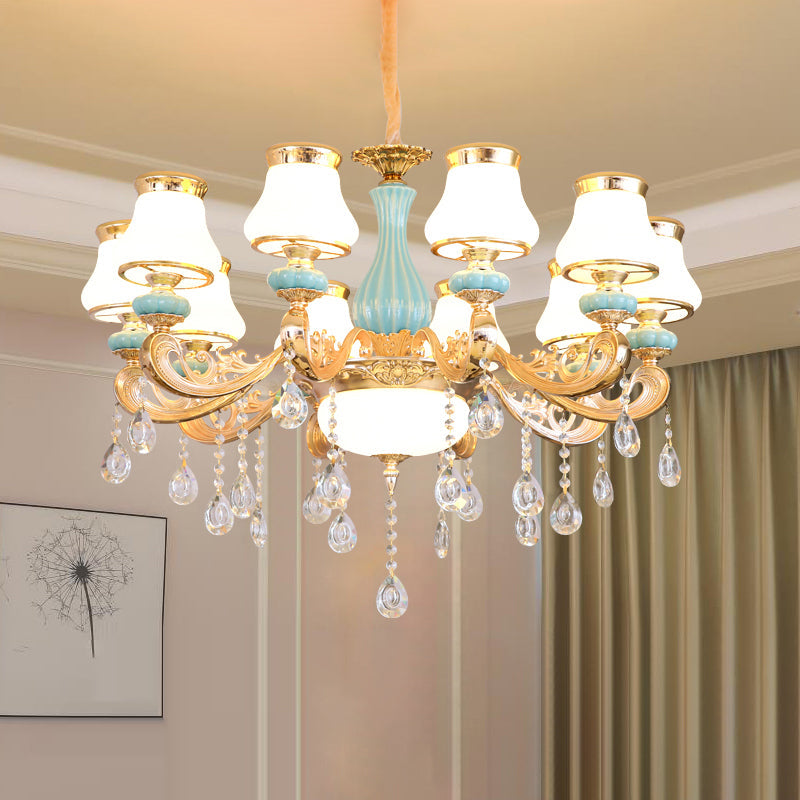 Handblown Glass Gold Chandelier Pendant With Crystal Accent - Retro Bud Light Fixture