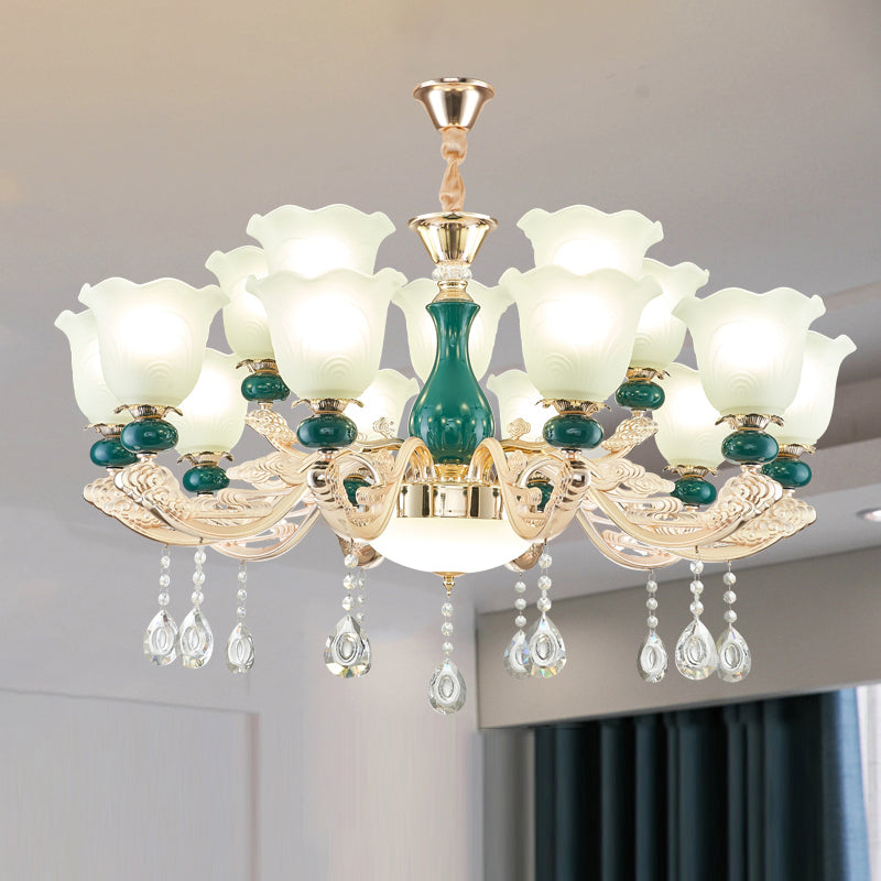 Ruffle Bell Glass Chandelier Light With Hanging Green Crystals - Cream Suspension