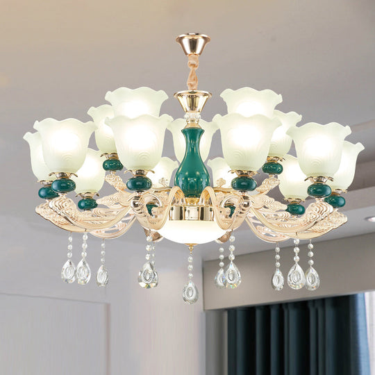 Ruffle Bell Glass Chandelier Light With Hanging Green Crystals - Cream Suspension 18 /