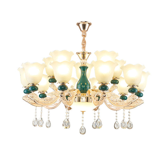 Ruffle Bell Glass Chandelier Light With Hanging Green Crystals - Cream Suspension