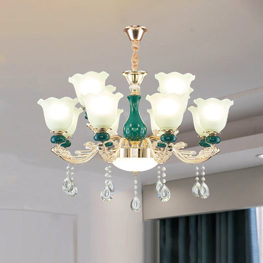 Ruffle Bell Glass Chandelier Light With Hanging Green Crystals - Cream Suspension