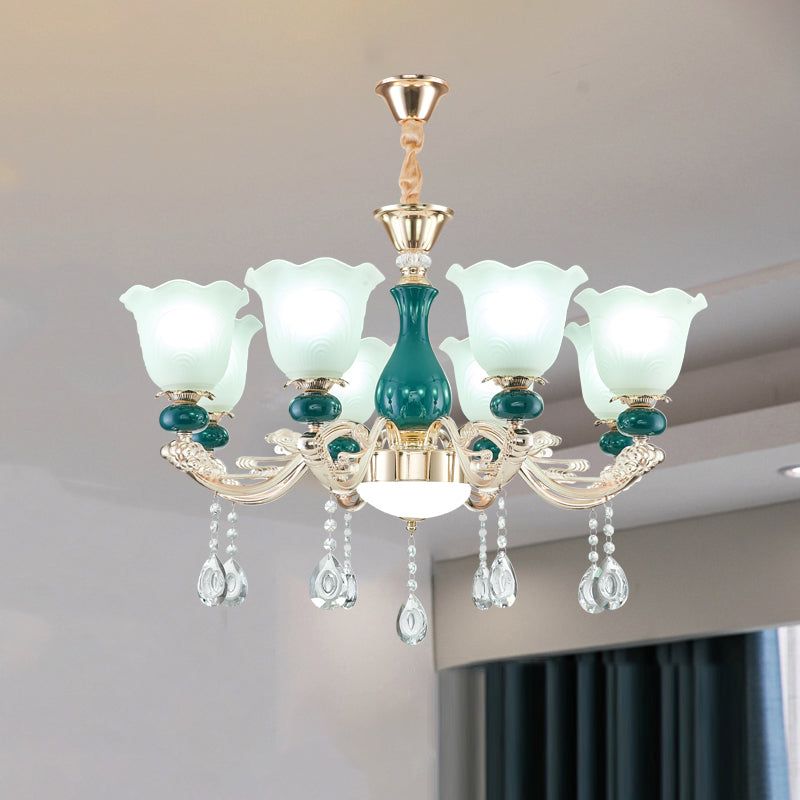 Ruffle Bell Glass Chandelier Light With Hanging Green Crystals - Cream Suspension