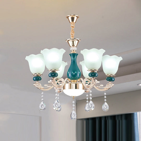 Ruffle Bell Glass Chandelier Light With Hanging Green Crystals - Cream Suspension