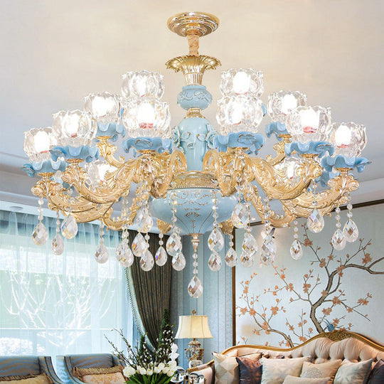 Blue Ribbed Glass Chandelier With Crystal Draping Classic Pendant Lighting For Living Room