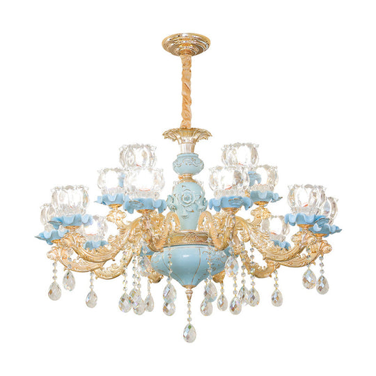 Blue Ribbed Glass Chandelier With Crystal Draping Classic Pendant Lighting For Living Room