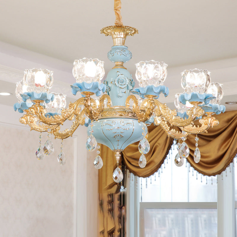 Blue Ribbed Glass Chandelier With Crystal Draping Classic Pendant Lighting For Living Room