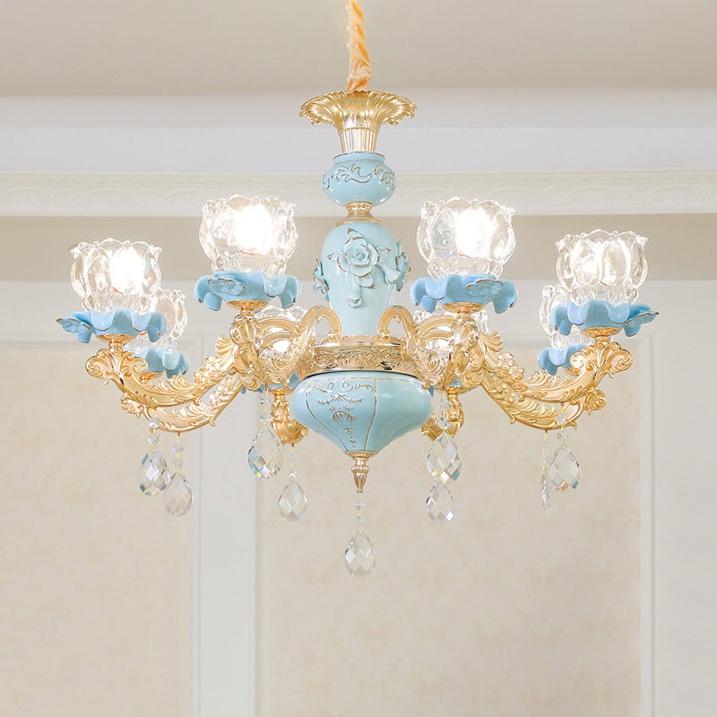 Blue Ribbed Glass Chandelier With Crystal Draping Classic Pendant Lighting For Living Room