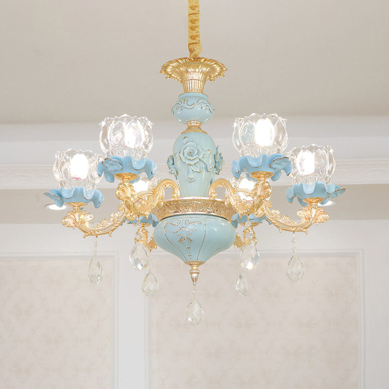 Blue Ribbed Glass Chandelier With Crystal Draping Classic Pendant Lighting For Living Room