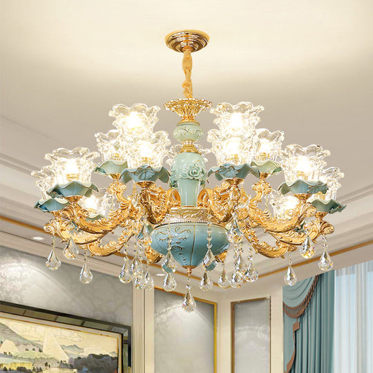 Blue Glass Chandelier Light Fixture With Crystal Accents For Traditional Flared Living Room Ceiling