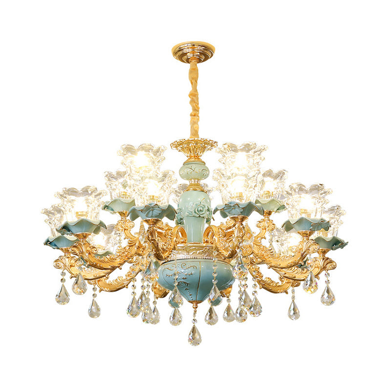 Blue Glass Chandelier Light Fixture With Crystal Accents For Traditional Flared Living Room Ceiling