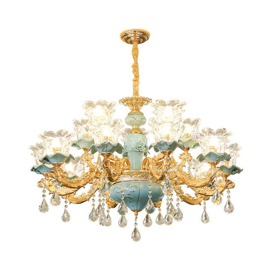 Blue Glass Chandelier Light Fixture With Crystal Accents For Traditional Flared Living Room Ceiling