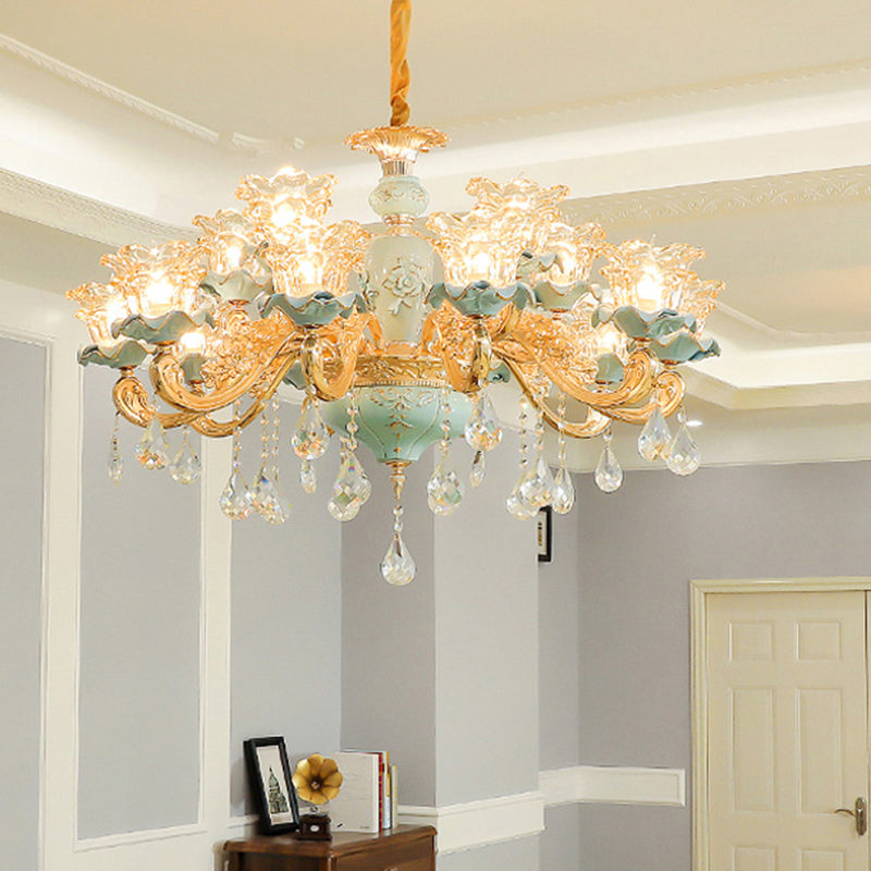 Vintage Ruffle Glass Flower Chandelier With Hanging Crystal - Blue Pendant Light For Living Room