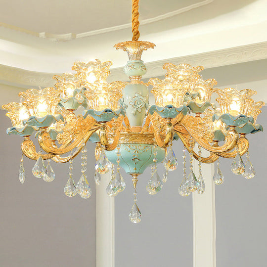 Vintage Ruffle Glass Flower Chandelier With Hanging Crystal - Blue Pendant Light For Living Room