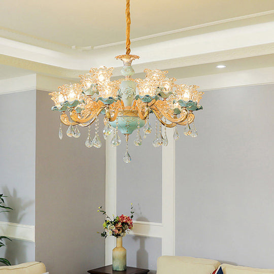 Vintage Ruffle Glass Flower Chandelier With Hanging Crystal - Blue Pendant Light For Living Room