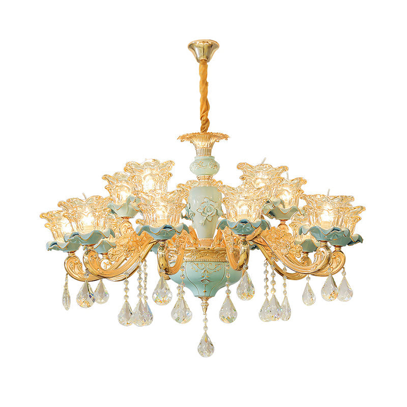 Vintage Ruffle Glass Flower Chandelier With Hanging Crystal - Blue Pendant Light For Living Room