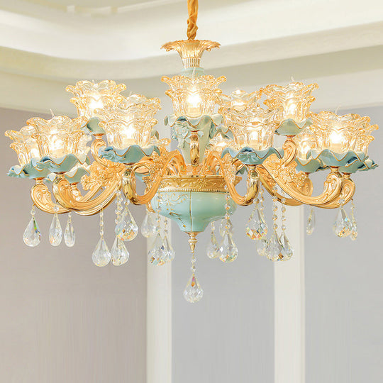 Vintage Ruffle Glass Flower Chandelier With Hanging Crystal - Blue Pendant Light For Living Room